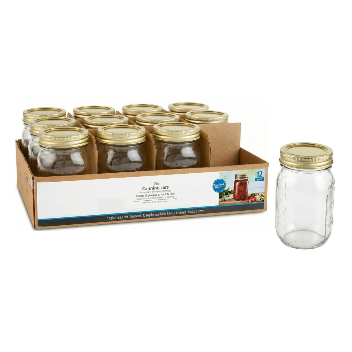 16 oz Regular Mouth Glass Mason Jars 12pk Q573