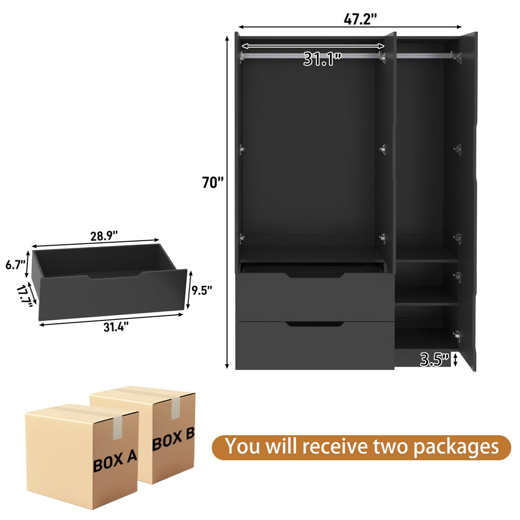 3 Doors Armoire Wardrobe Closet with Mirror, 2 Drawers, LED Light, Hanging Rod, Black V85114
