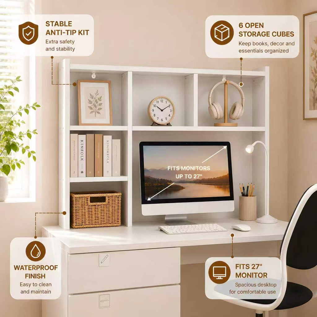 White Desk Hutch with 5 Shelves E9907