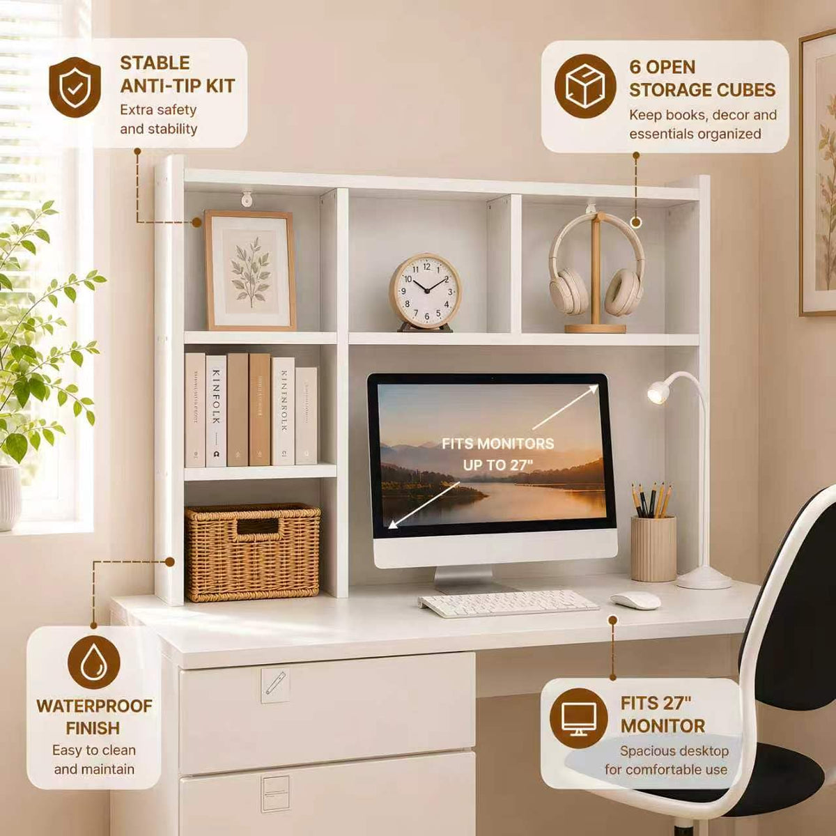 White Desk Hutch with 5 Shelves E9907
