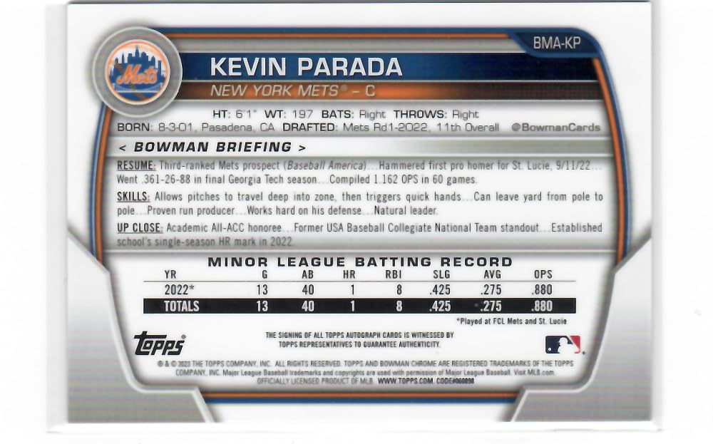 2023 Bowman Chrome Mega Box Mojo Autographed Refractor Blue #BMA-KP Kevin Parada Autographed /150 New York Mets Baseball NM-MT N79236