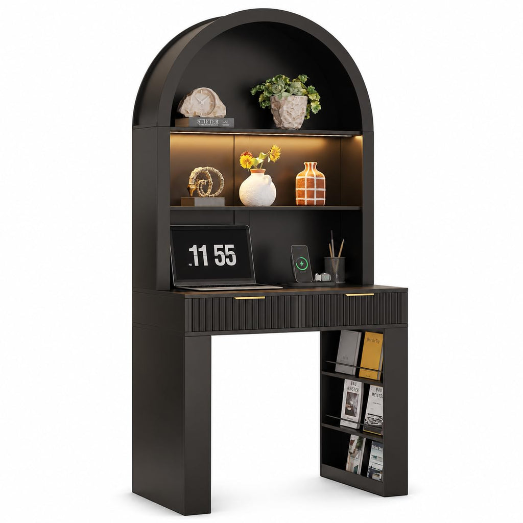 35.4" Arched Writing Desk with Hutch & Power Outlet U202