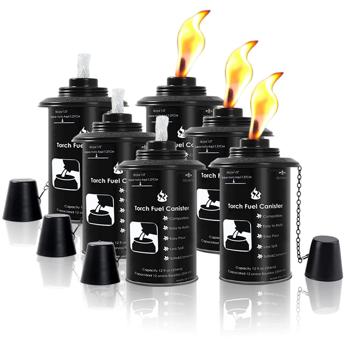 6 Pack 12 oz Refillable Torch Canisters with Wicks and Covers S617