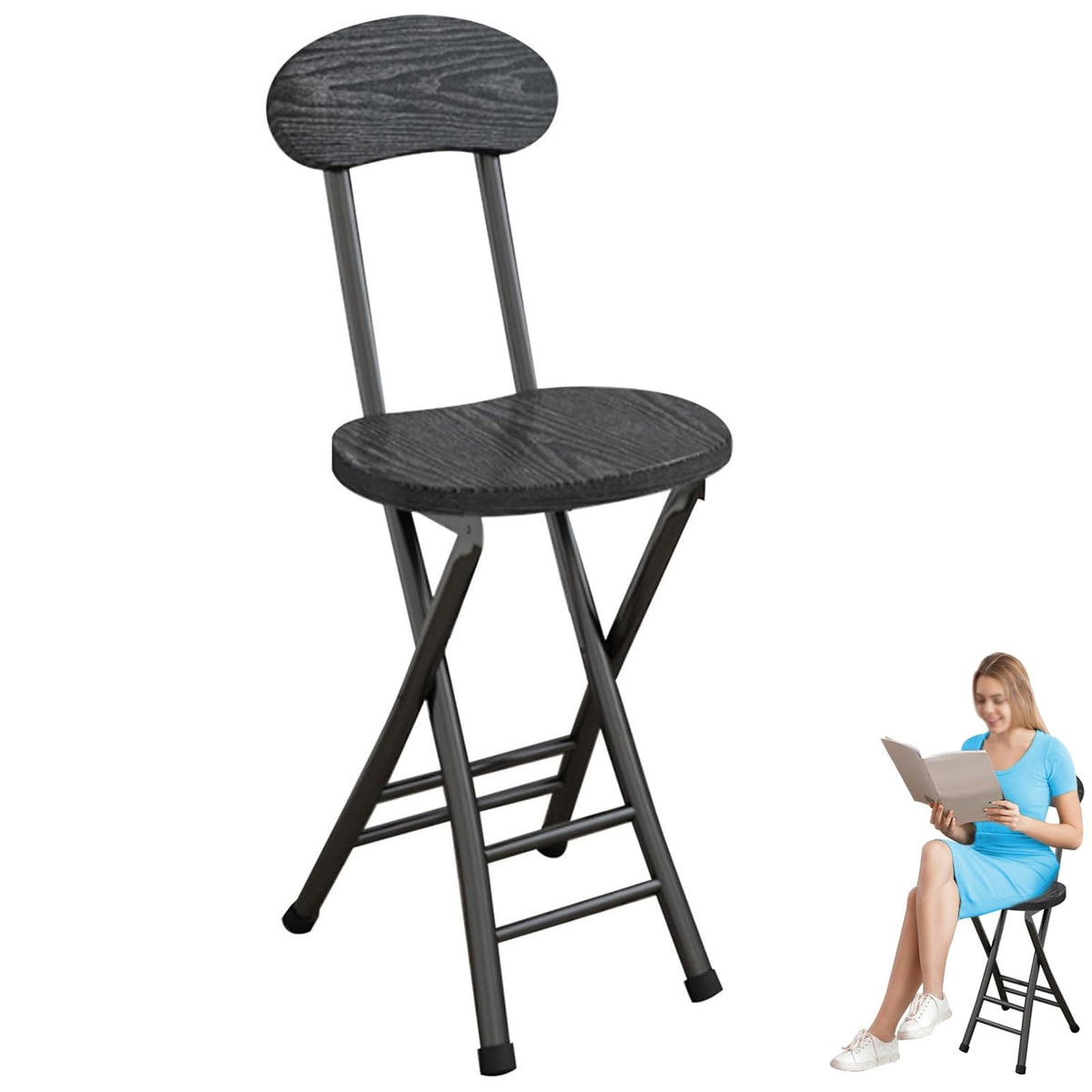 18 Inch Portable Folding Stool with Back Support and Footrest L832892