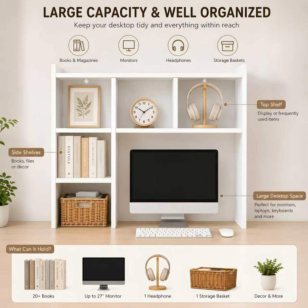 White Desk Hutch with 5 Shelves E9907