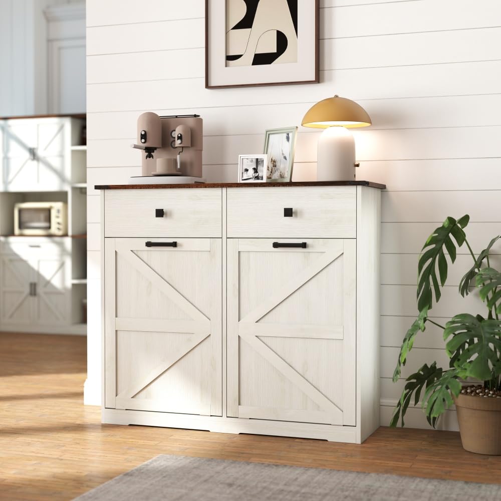 Antique White Woodgrain Tilt Out Trash Cabinet S175