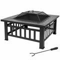 32 Inch Square Metal Wood Burning Fire Pit with Spark Screen and Poker P61941