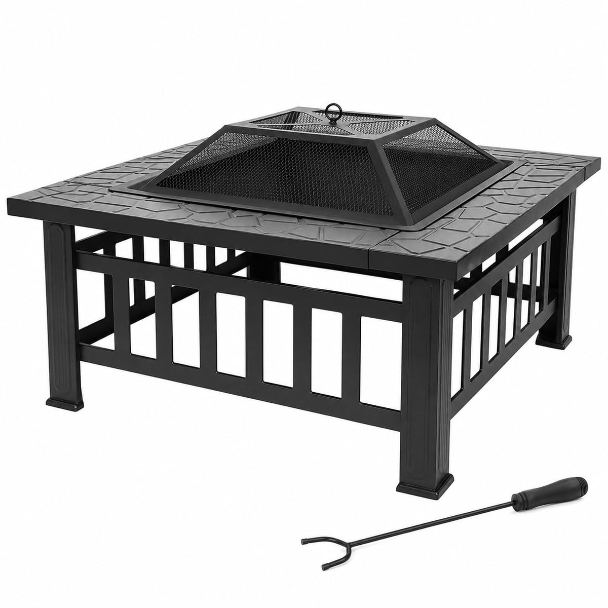 32 Inch Square Metal Wood Burning Fire Pit with Spark Screen and Poker P61941