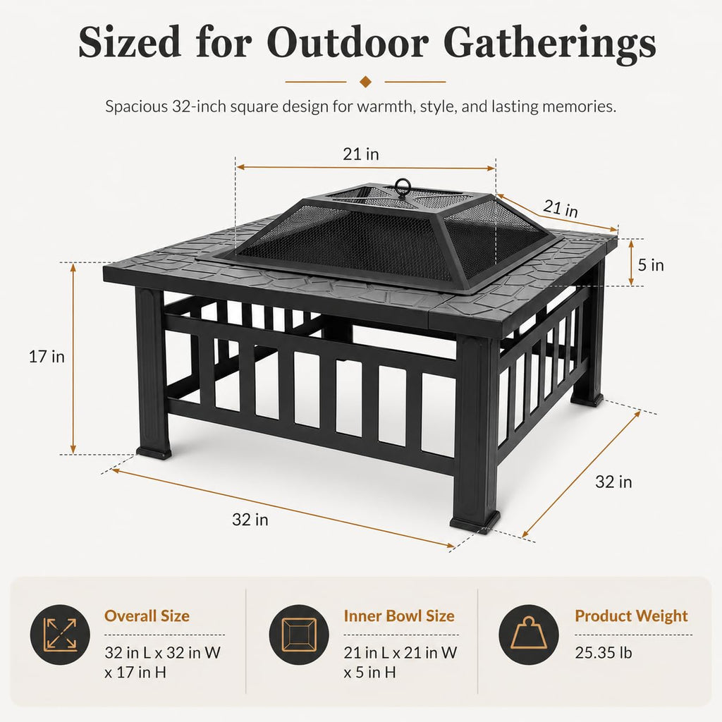 32 Inch Square Metal Wood Burning Fire Pit with Spark Screen and Poker P61941