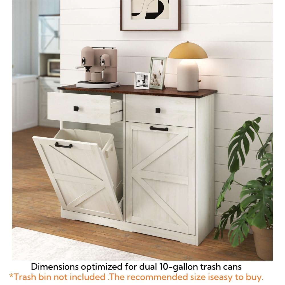 Antique White Woodgrain Tilt Out Trash Cabinet S175