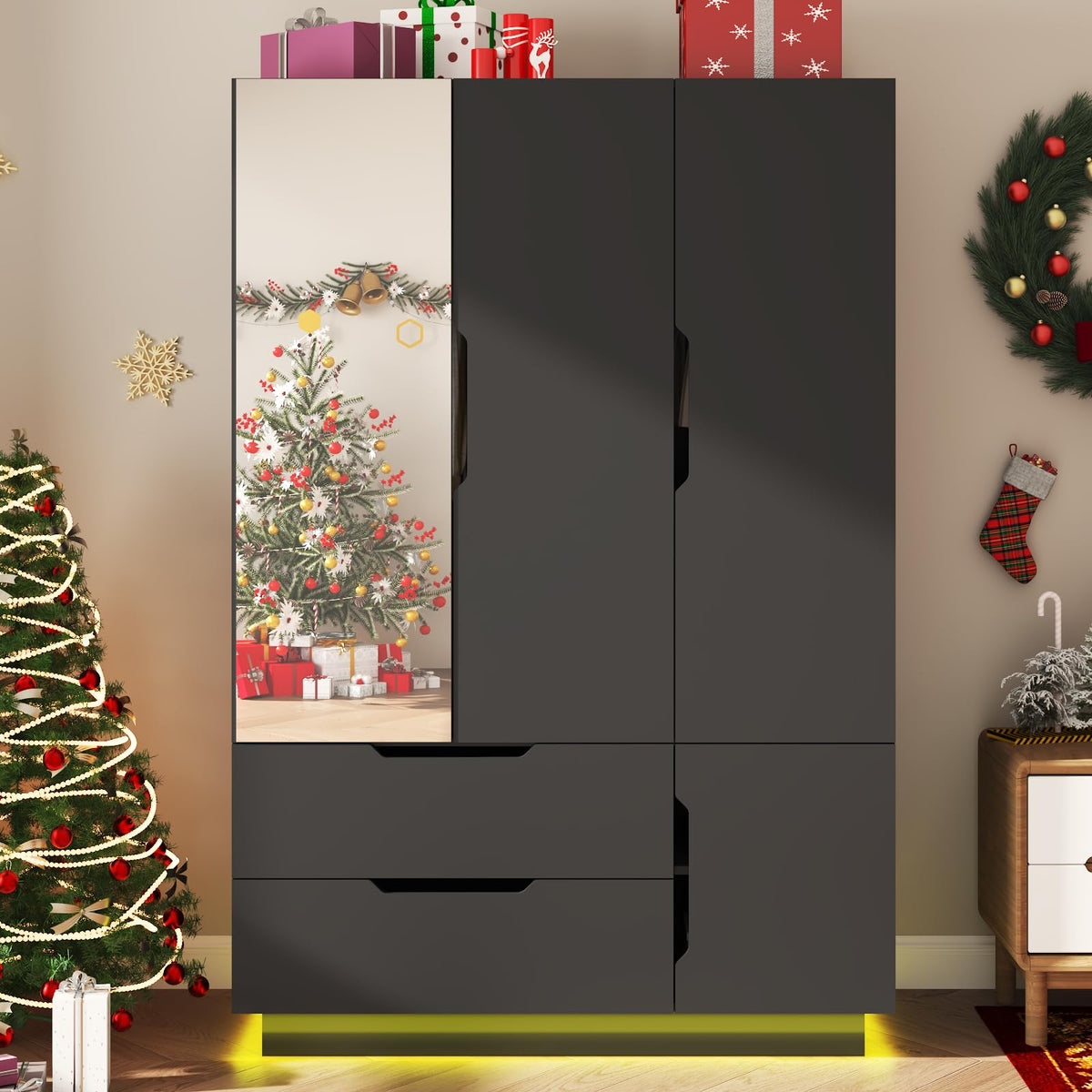 3 Doors Armoire Wardrobe Closet with Mirror, 2 Drawers, LED Light, Hanging Rod, Black V85114