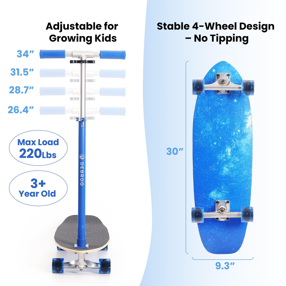 2-in-1 Kids Skateboard & Scooter with LED Light-Up Wheels, Adjustable Height, Blue F3236