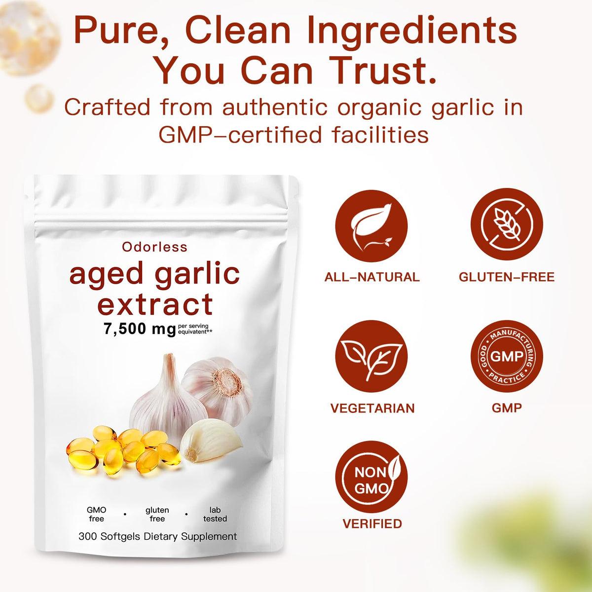 7500mg Organic Garlic Capsules Supplement, Vegetarian, Non-GMO, 300 Count A707