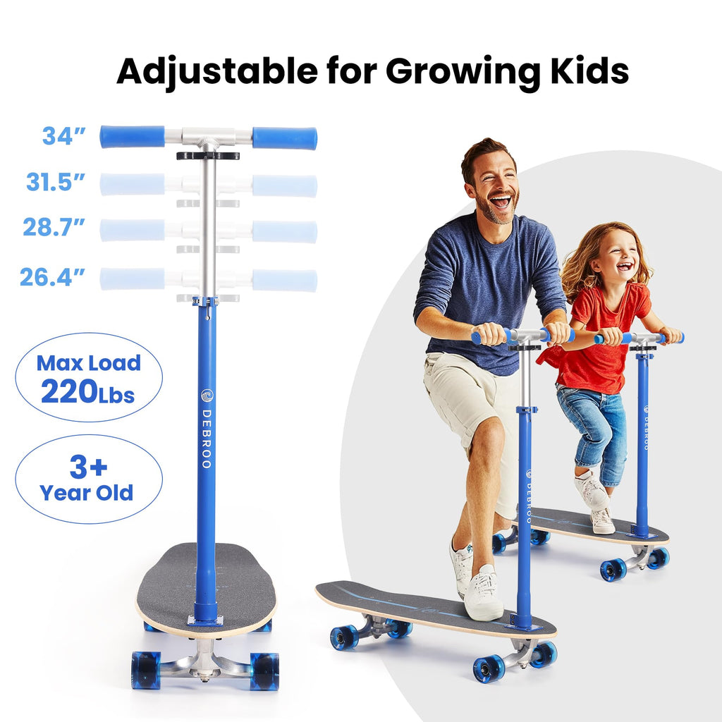 2-in-1 Kids Skateboard & Scooter with LED Light-Up Wheels, Adjustable Height, Blue F3236