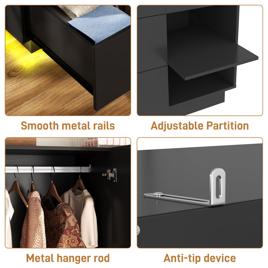 3 Doors Armoire Wardrobe Closet with Mirror, 2 Drawers, LED Light, Hanging Rod, Black V85114