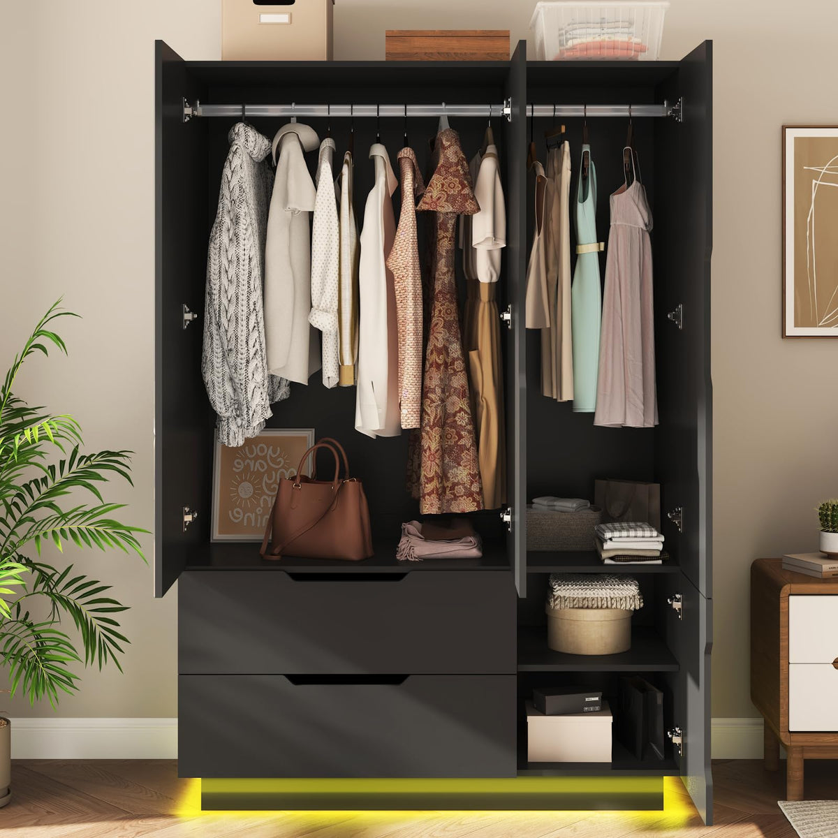 3 Doors Armoire Wardrobe Closet with Mirror, 2 Drawers, LED Light, Hanging Rod, Black V85114