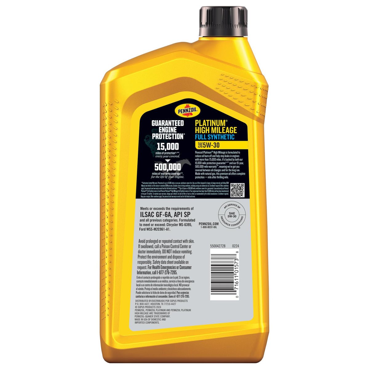 5W-30 Full Synthetic High Mileage Motor Oil, 1 Quart (6 Pack) F8670