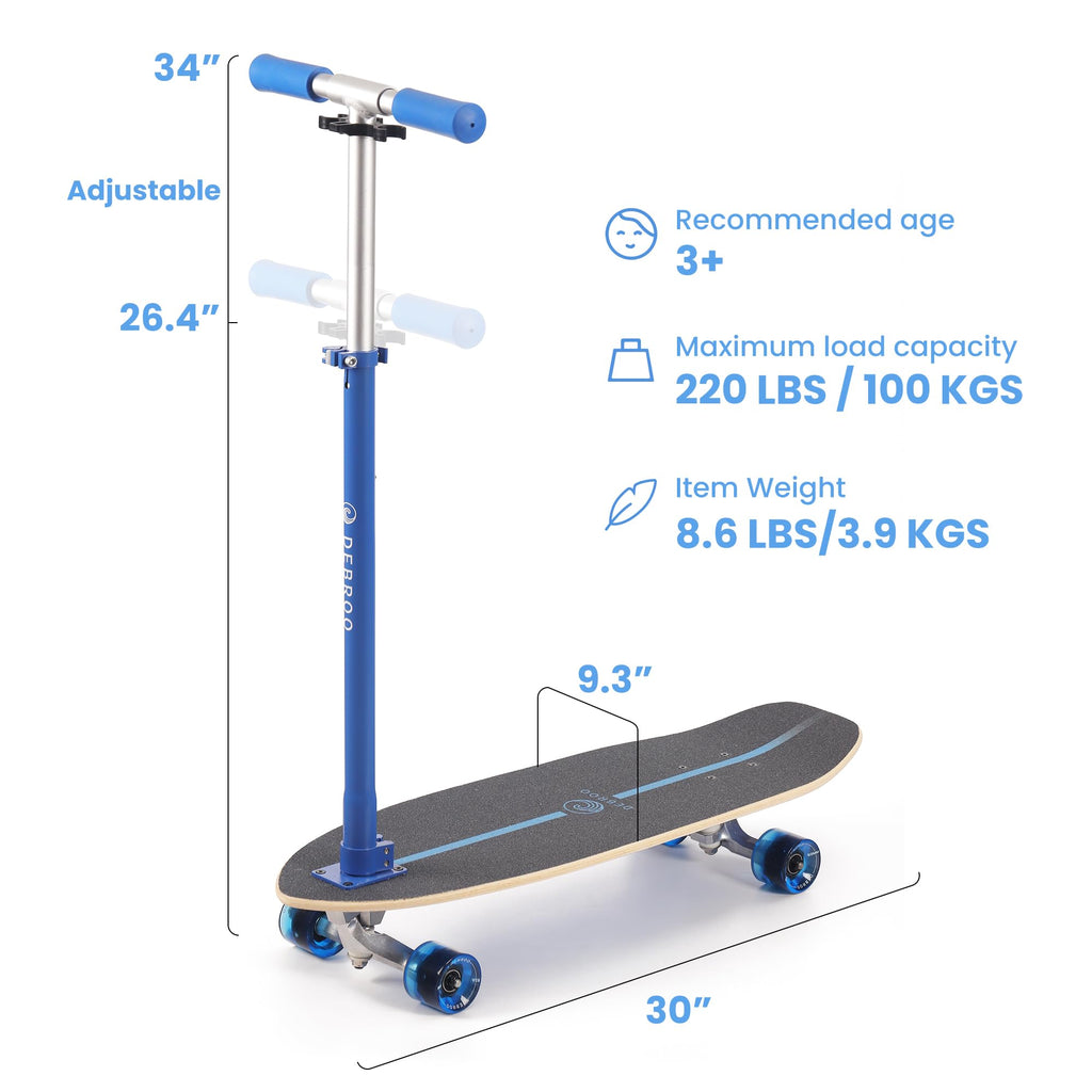 2-in-1 Kids Skateboard & Scooter with LED Light-Up Wheels, Adjustable Height, Blue F3236