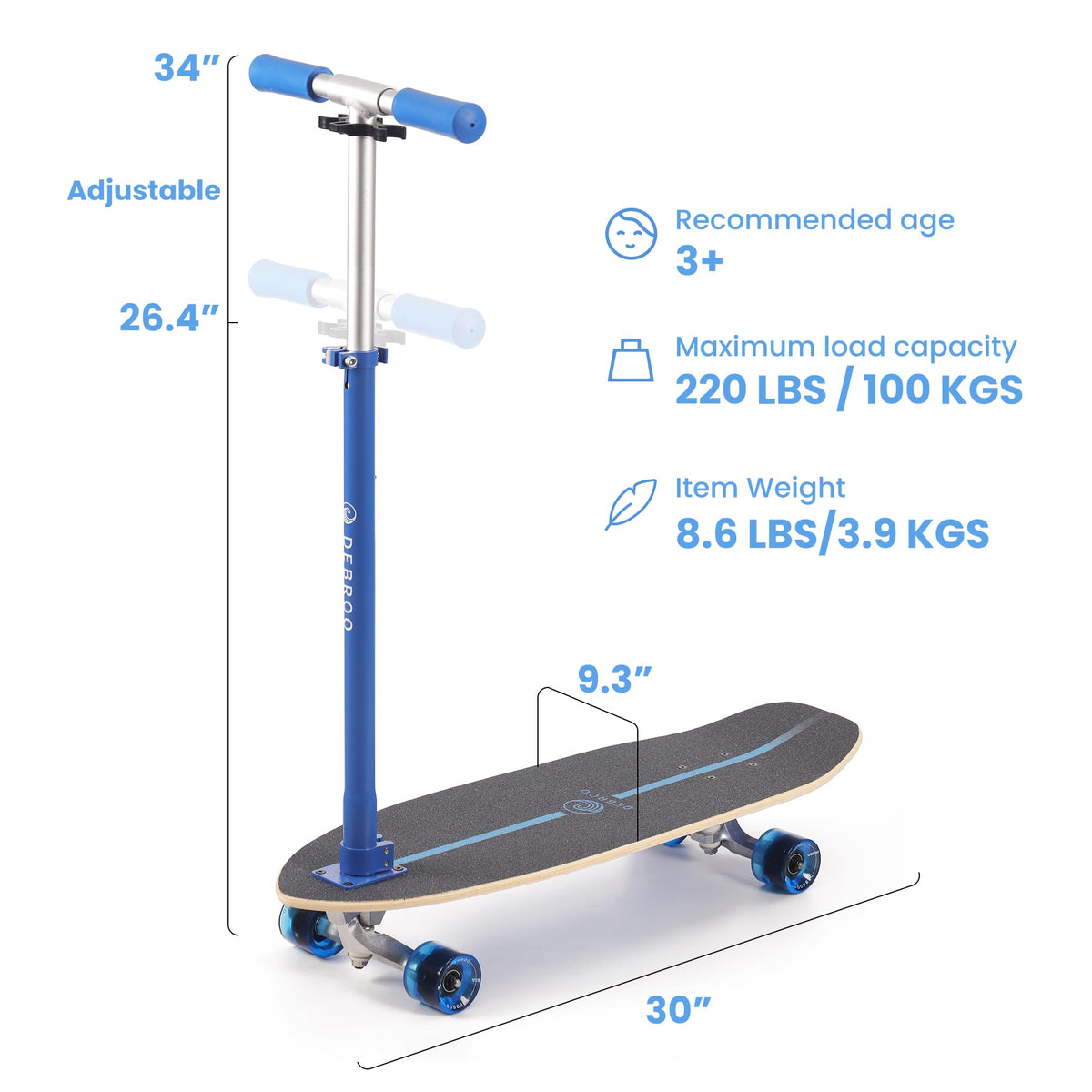 2-in-1 Kids Skateboard & Scooter with LED Light-Up Wheels, Adjustable Height, Blue F3236