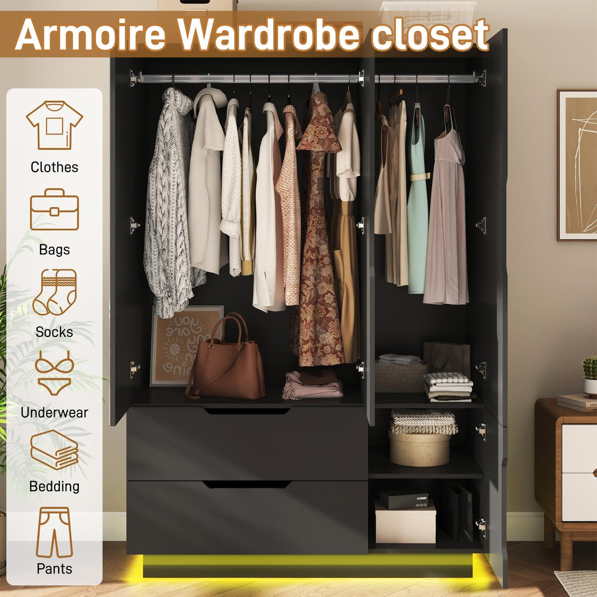 3 Doors Armoire Wardrobe Closet with Mirror, 2 Drawers, LED Light, Hanging Rod, Black V85114