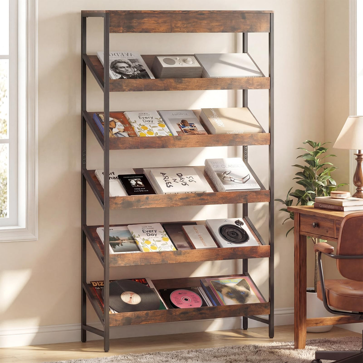 6-Tier Tall Freestanding Bookshelf with Angled Shelves X847