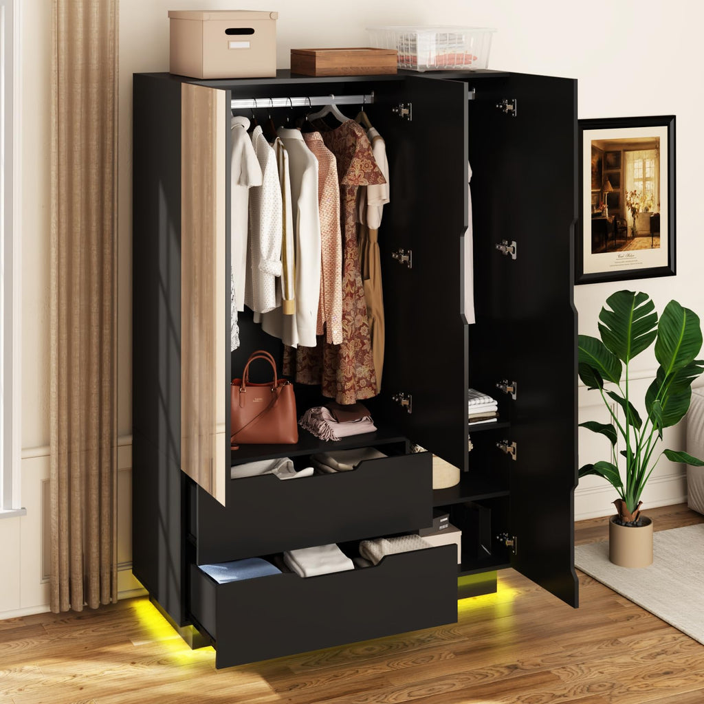 3 Doors Armoire Wardrobe Closet with Mirror, 2 Drawers, LED Light, Hanging Rod, Black V85114