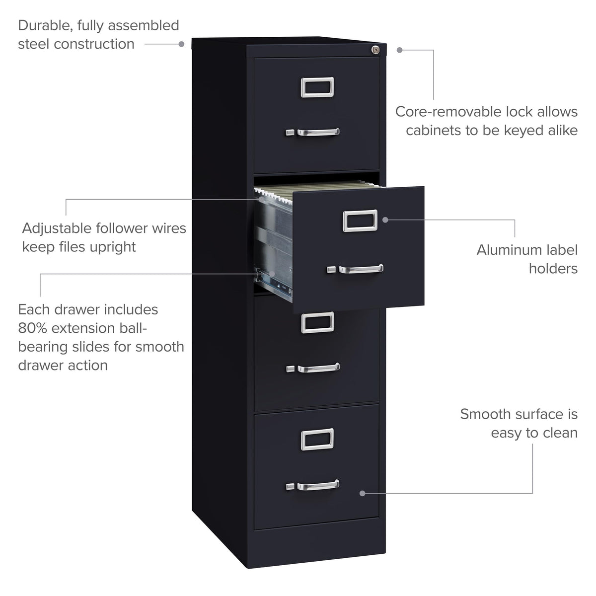 22" Deep 4 Drawer Letter Width Steel Vertical File Cabinet, Black V174572