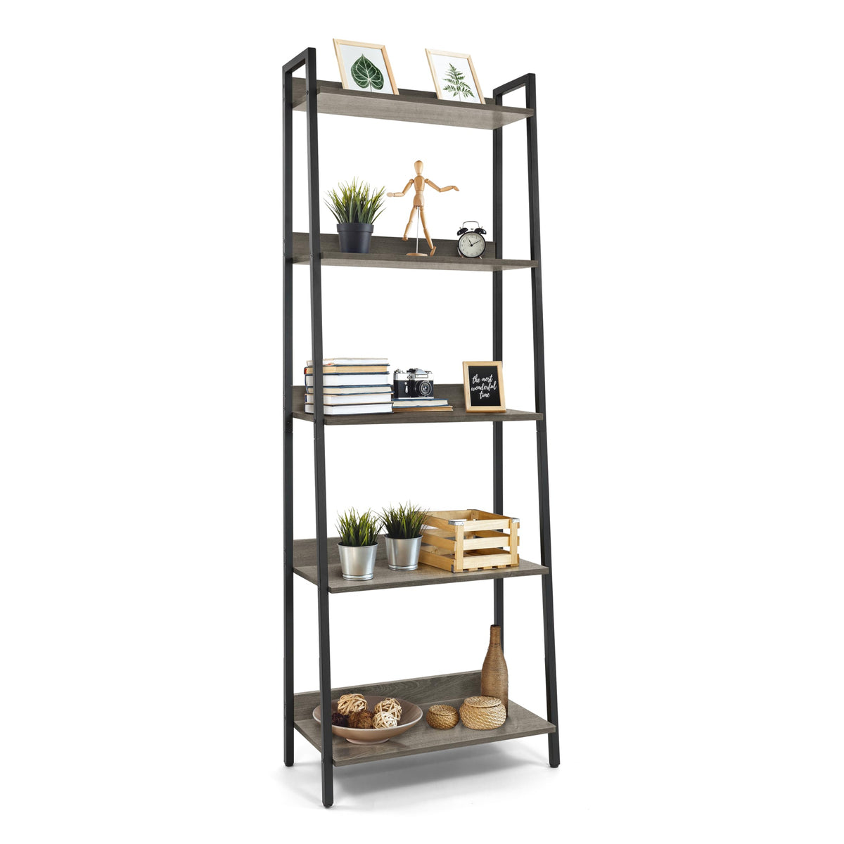 5 Tier Ladder Bookshelf, 24 Inch Free Standing Storage Rack, Dark Grey W636546