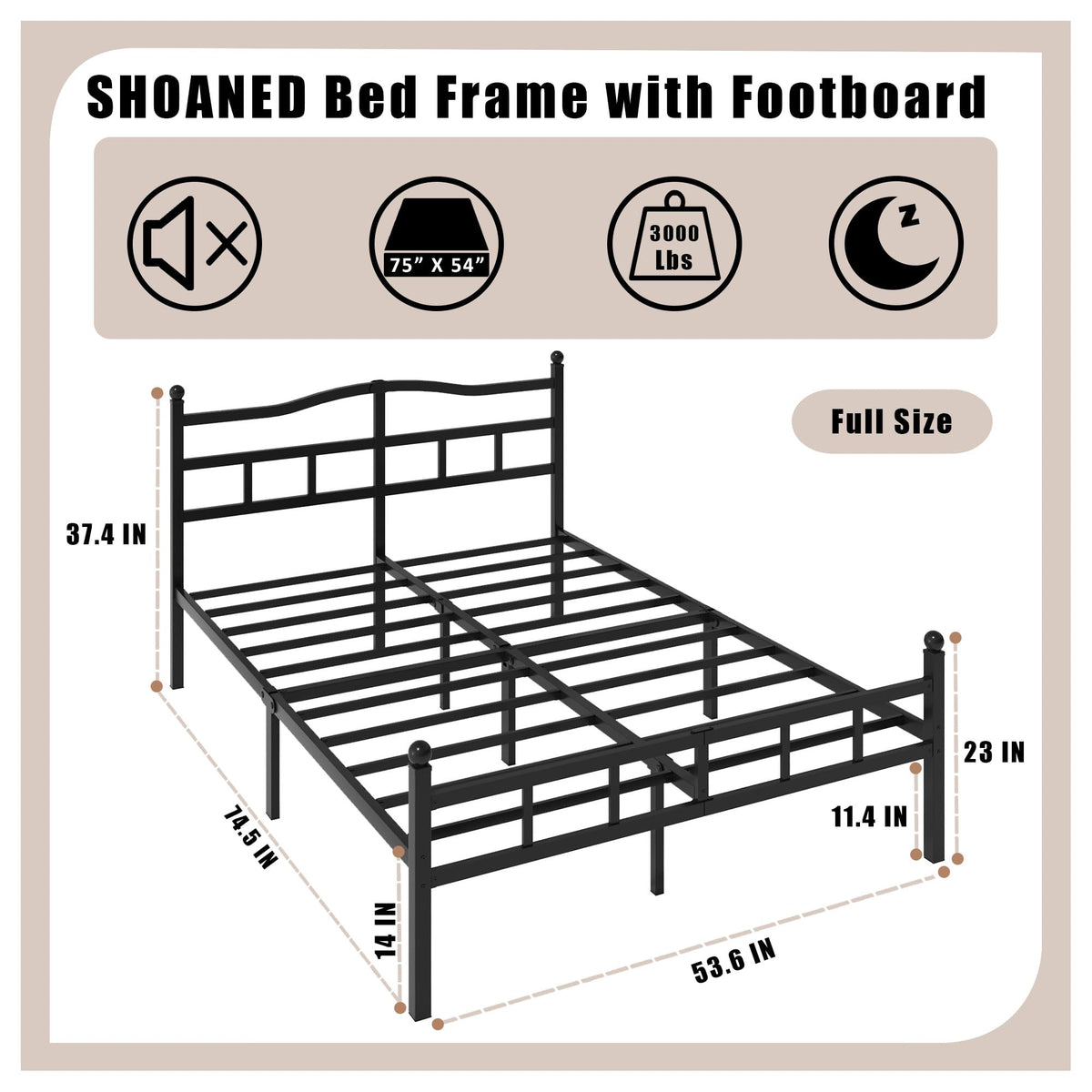 14 Inch Metal Bed Frame Full Size with Headboard Footboard F177