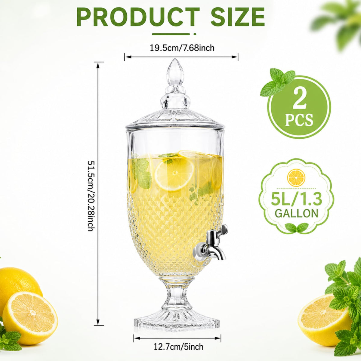 2 Pieces 1.3 Gallon Glass Drink Dispensers with Stand and Spigot T45389