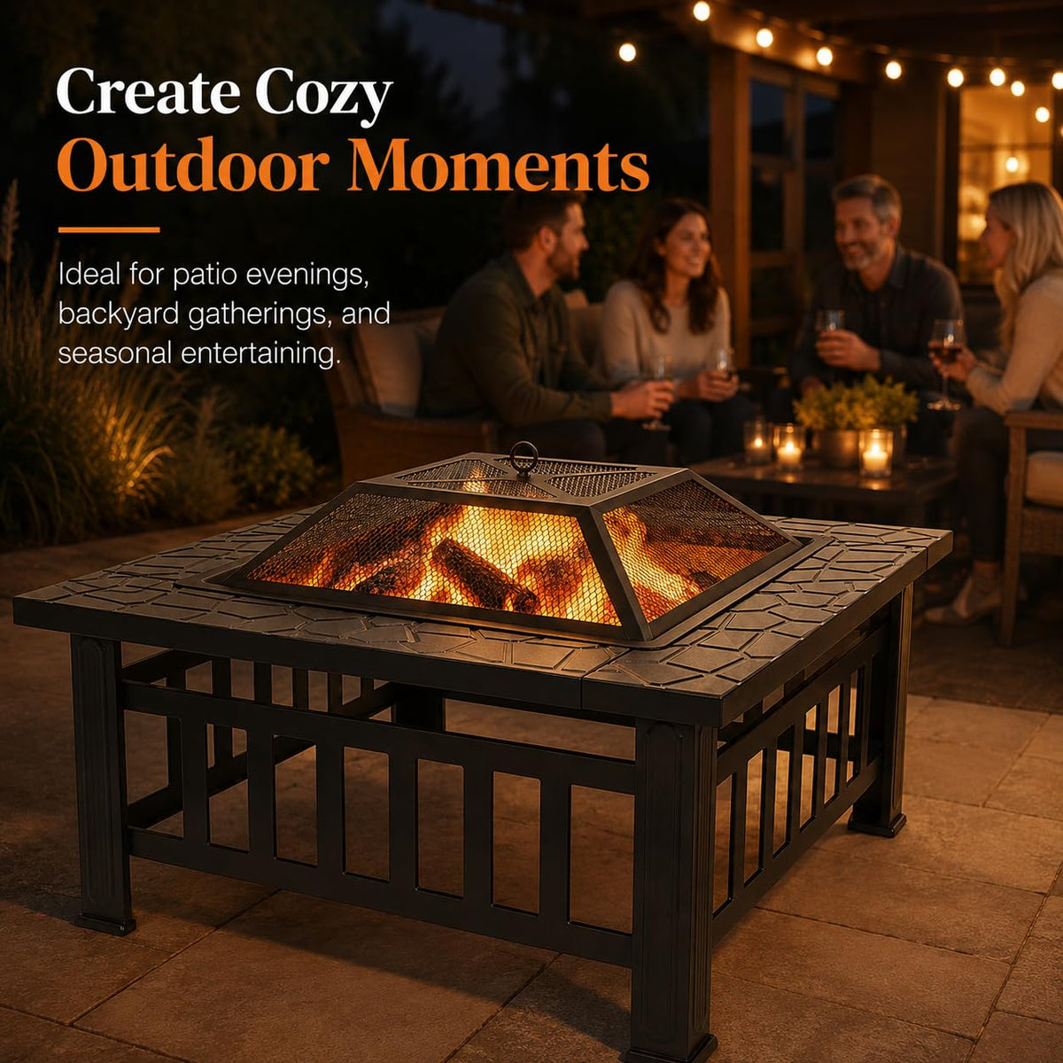 32 Inch Square Metal Wood Burning Fire Pit with Spark Screen and Poker P61941