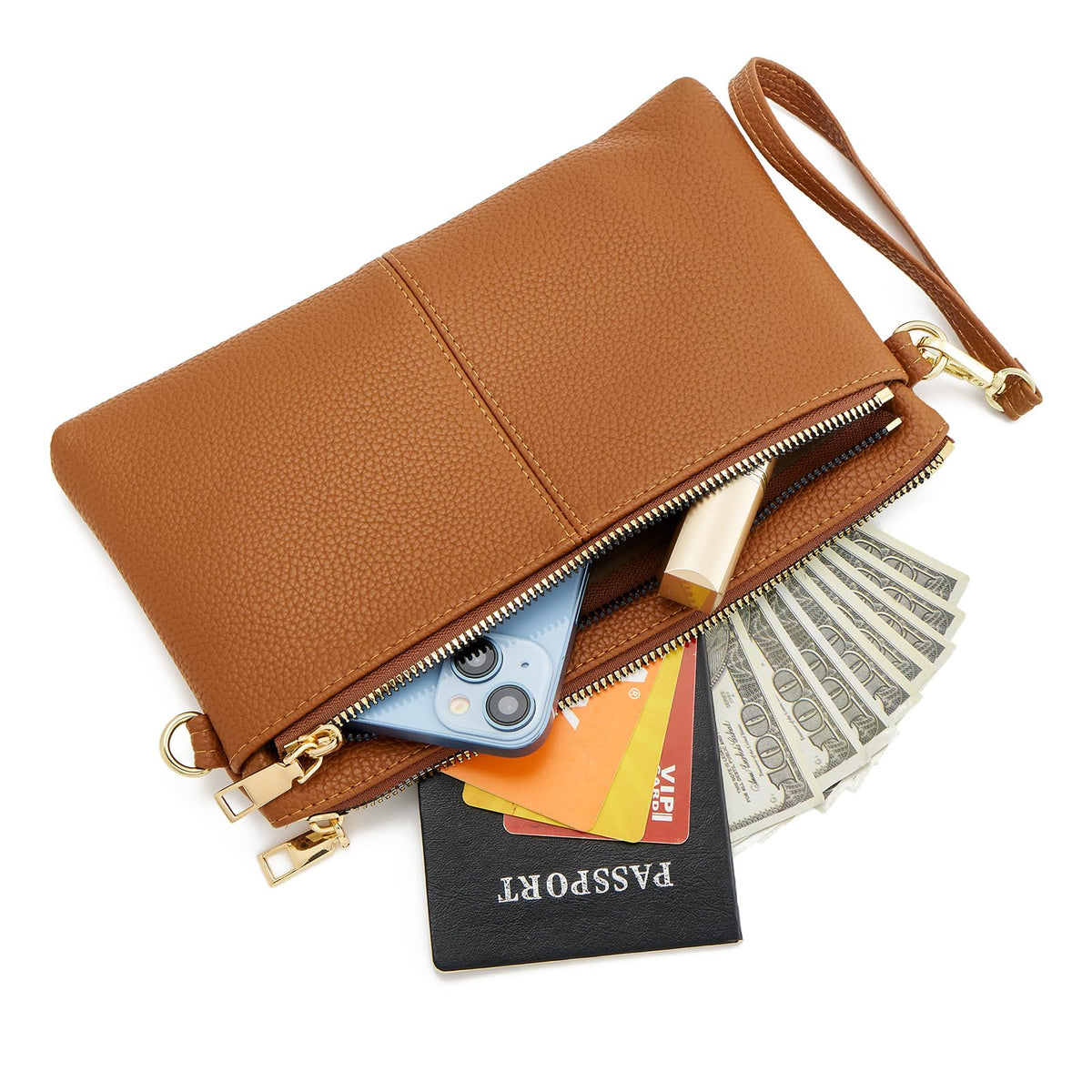 Small Triple Zip Crossbody Bag Vegan Leather Wristlet Clutch G209177