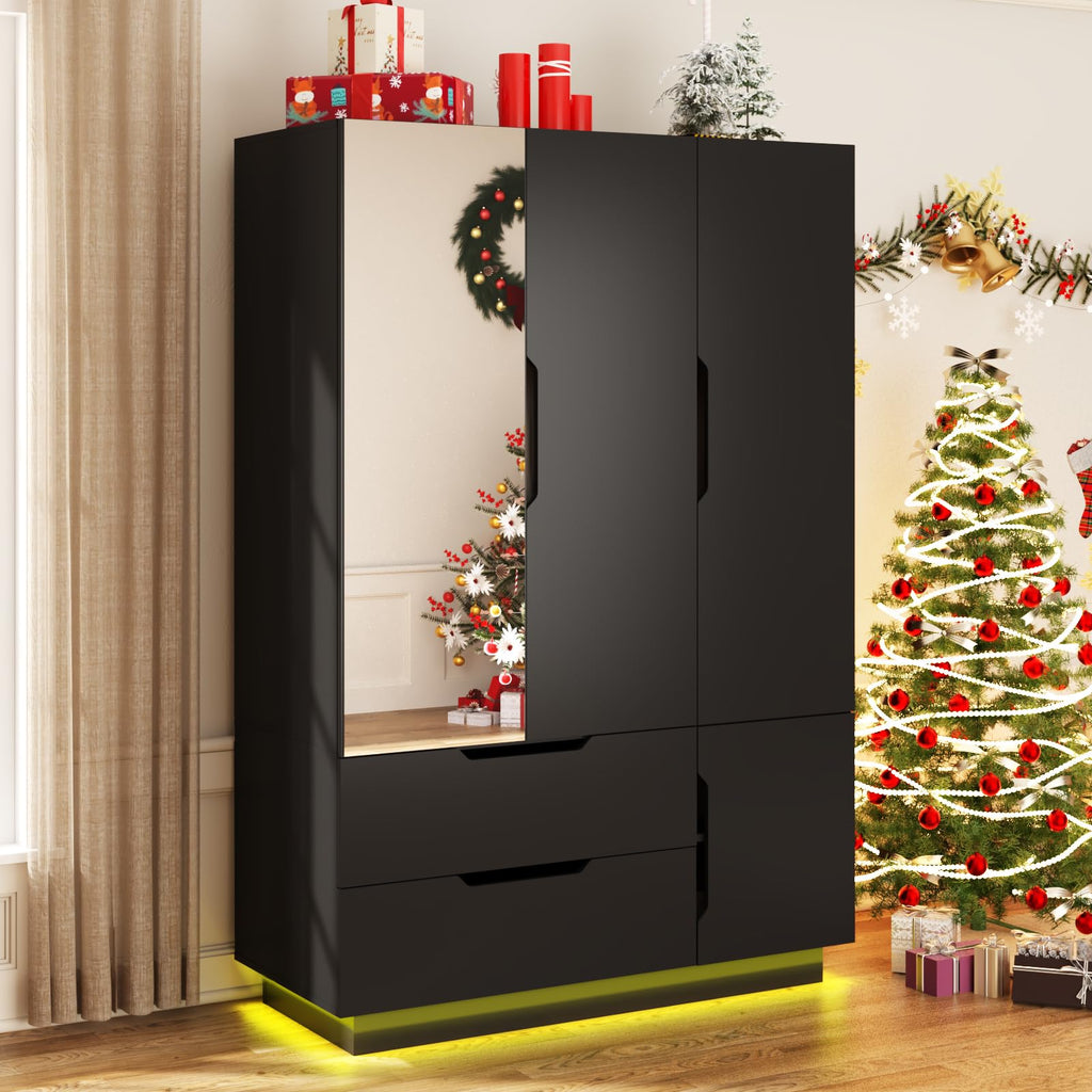 3 Doors Armoire Wardrobe Closet with Mirror, 2 Drawers, LED Light, Hanging Rod, Black V85114