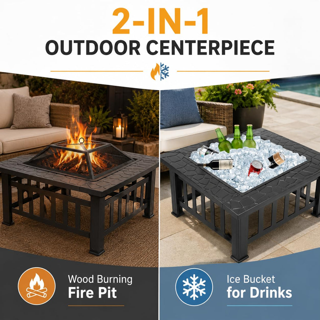 32 Inch Square Metal Wood Burning Fire Pit with Spark Screen and Poker P61941