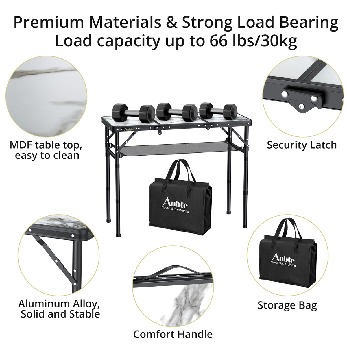 3ft Folding Camping Table, 3 Adjustable Height I18356