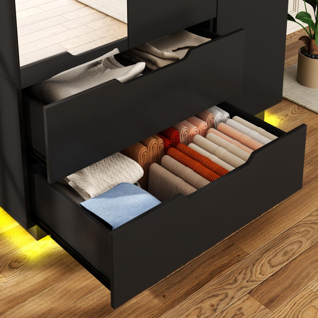 3 Doors Armoire Wardrobe Closet with Mirror, 2 Drawers, LED Light, Hanging Rod, Black V85114