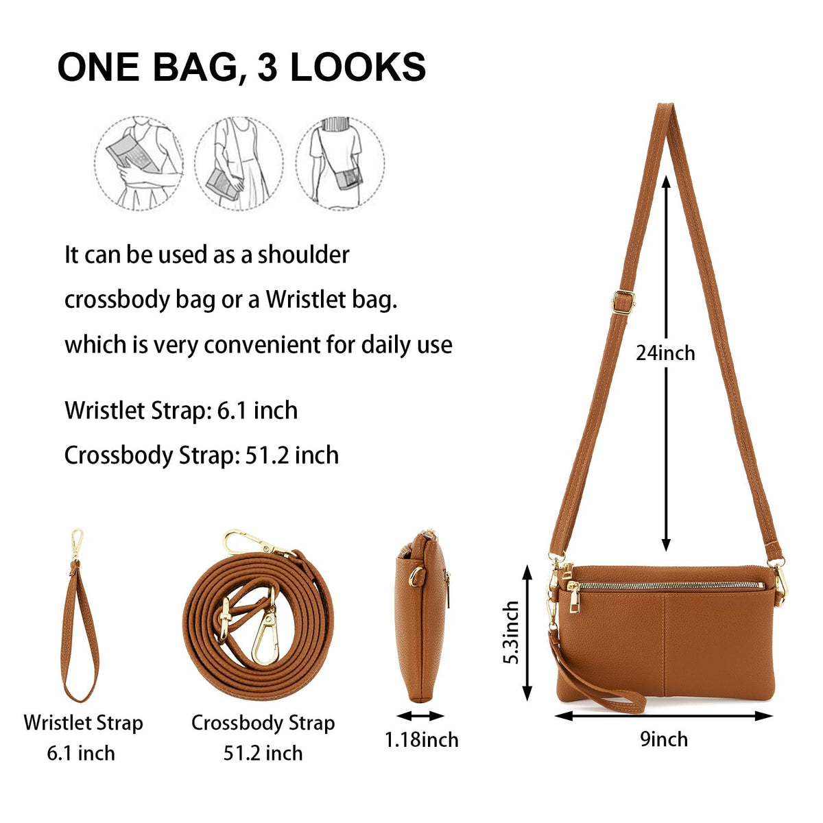 Small Triple Zip Crossbody Bag Vegan Leather Wristlet Clutch G209177