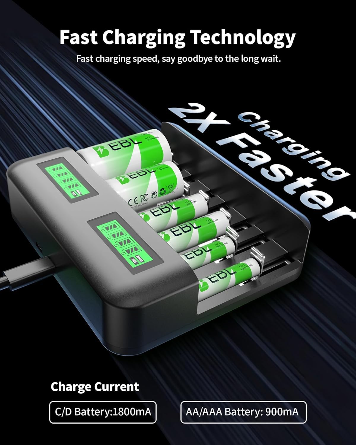 Rechargeable D Batteries 4 Pack with Battery Charger E14700