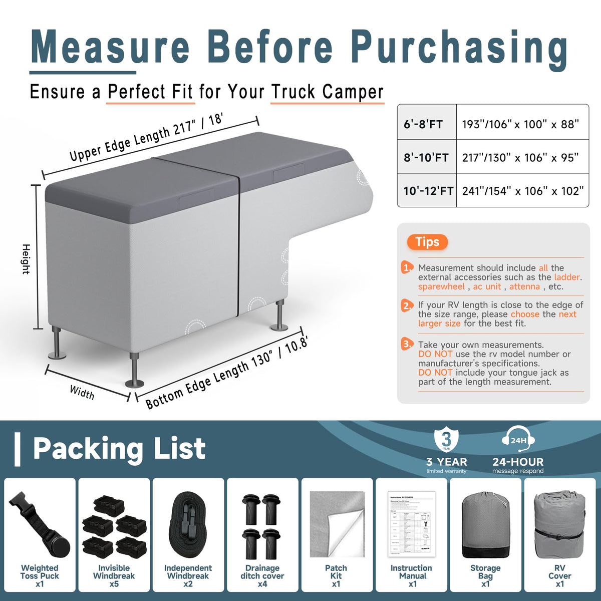8-10ft Waterproof 7 Layers Truck Camper RV Cover T8383