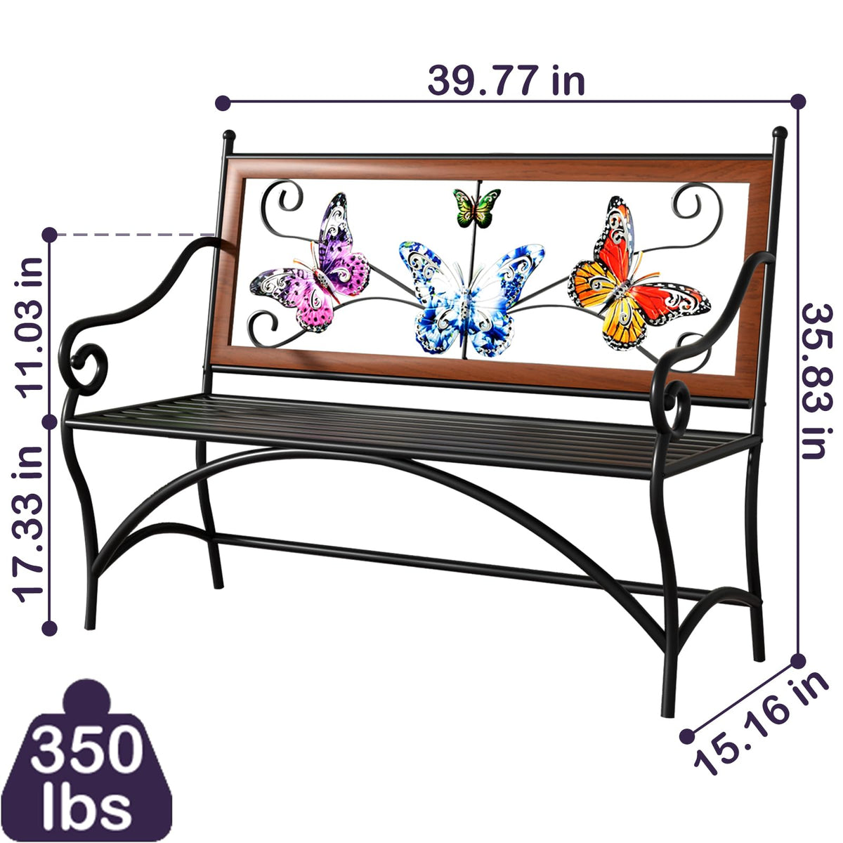 39.7" Black Metal Outdoor Bench with Armrest R66210