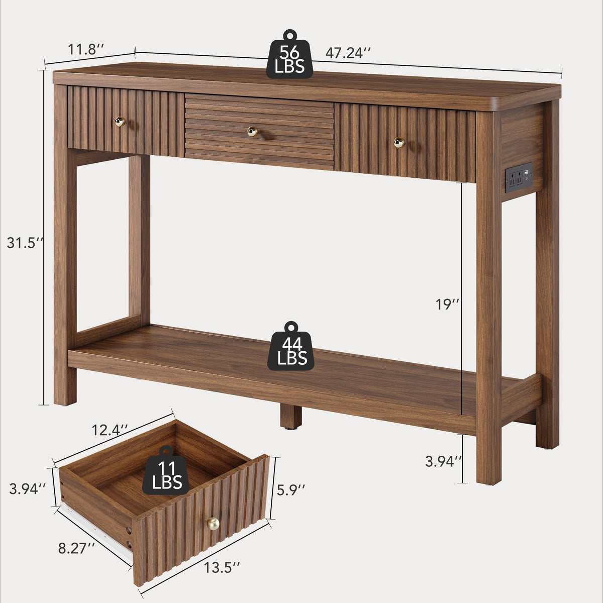 47'' Fluted Console Table with Charging Station & 3 Drawers W527
