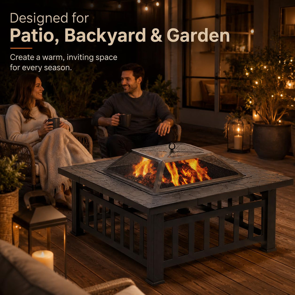 32 Inch Square Metal Wood Burning Fire Pit with Spark Screen and Poker P61941