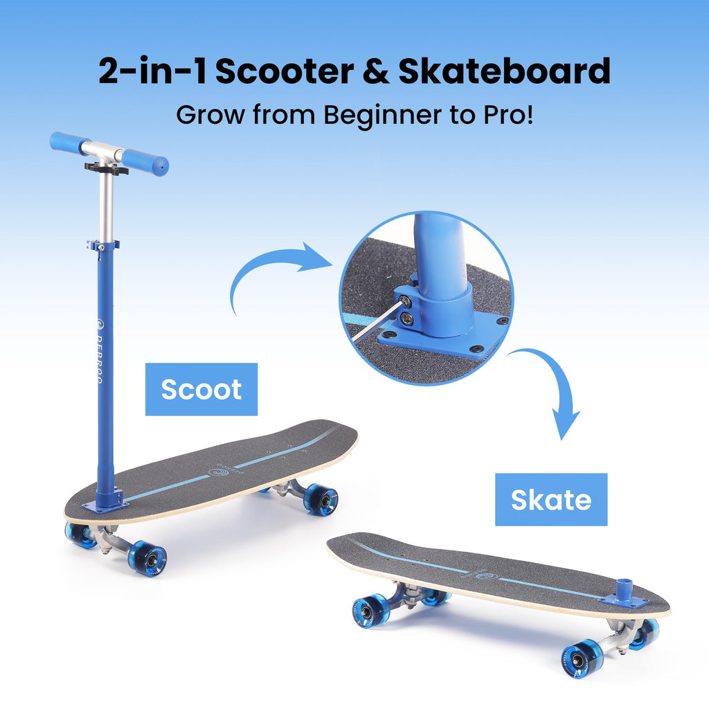 2-in-1 Kids Skateboard & Scooter with LED Light-Up Wheels, Adjustable Height, Blue F3236