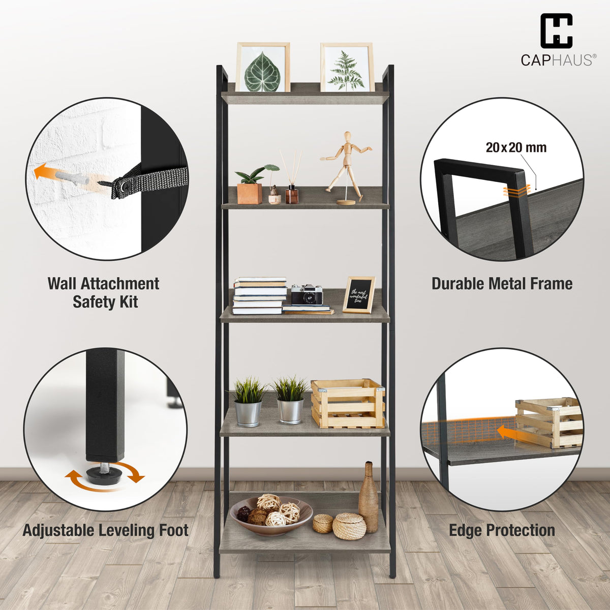 5 Tier Ladder Bookshelf, 24 Inch Free Standing Storage Rack, Dark Grey W636546