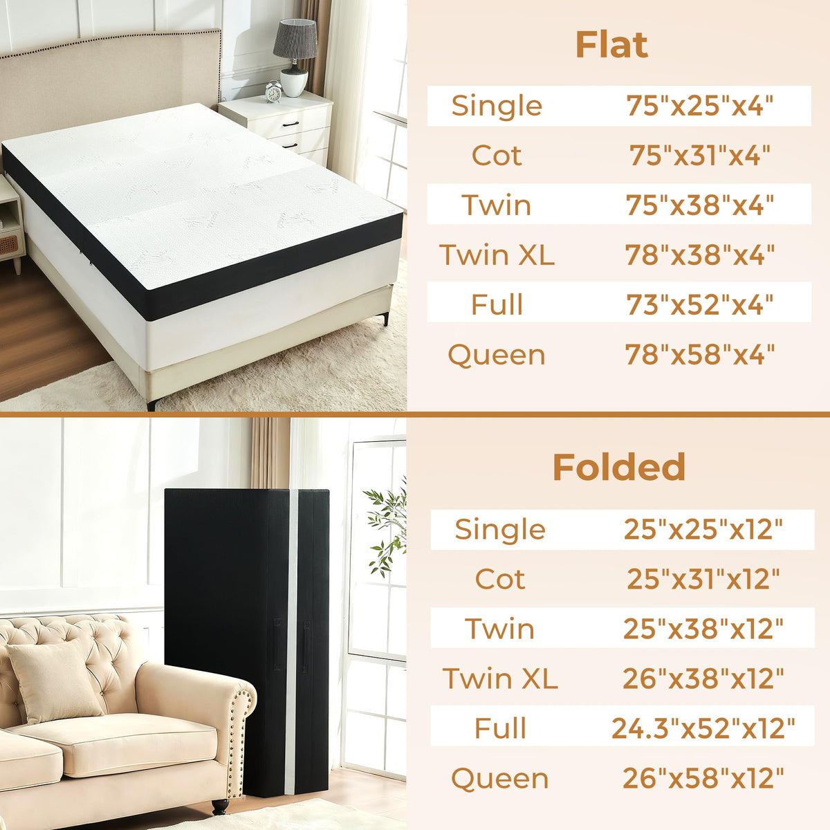 4 Inch Full Size Foldable Memory Foam Trifold Mattress K952