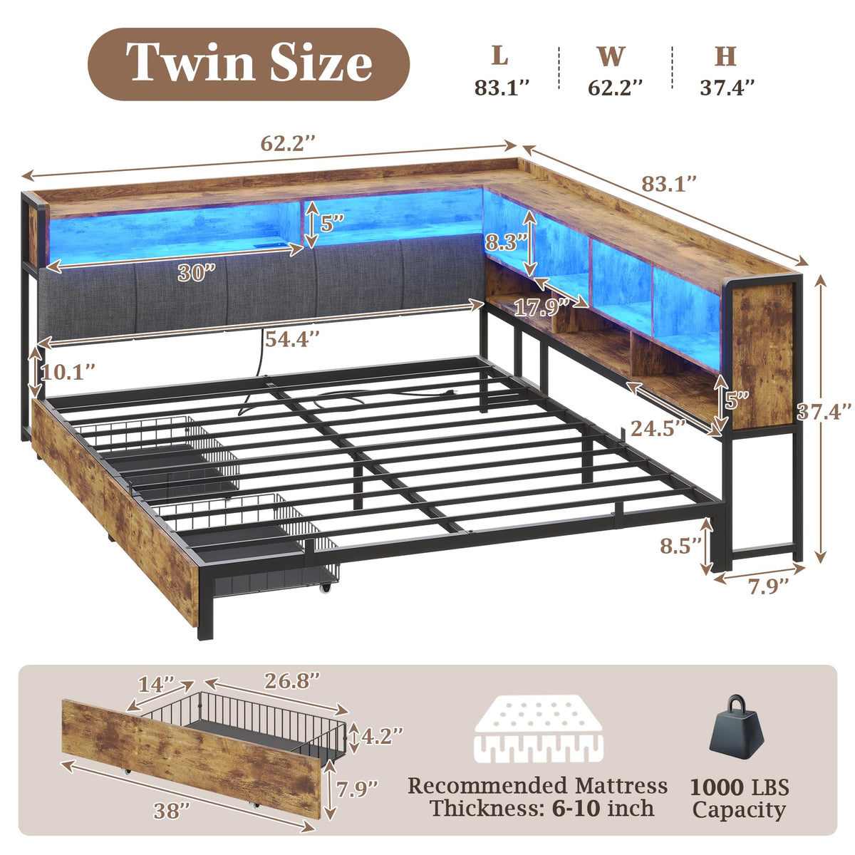 Full Size Corner Bed Frame with Storage and Drawers R846385