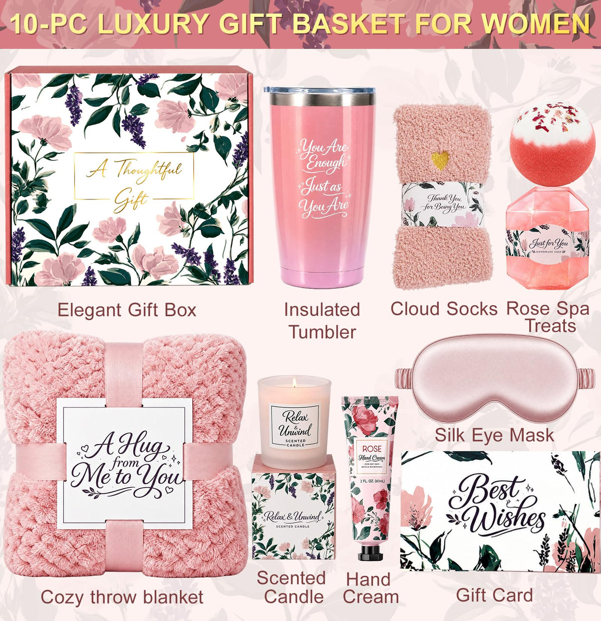 10-Piece Self Care Spa Gift Basket with Throw Blanket and Tumbler Q186873