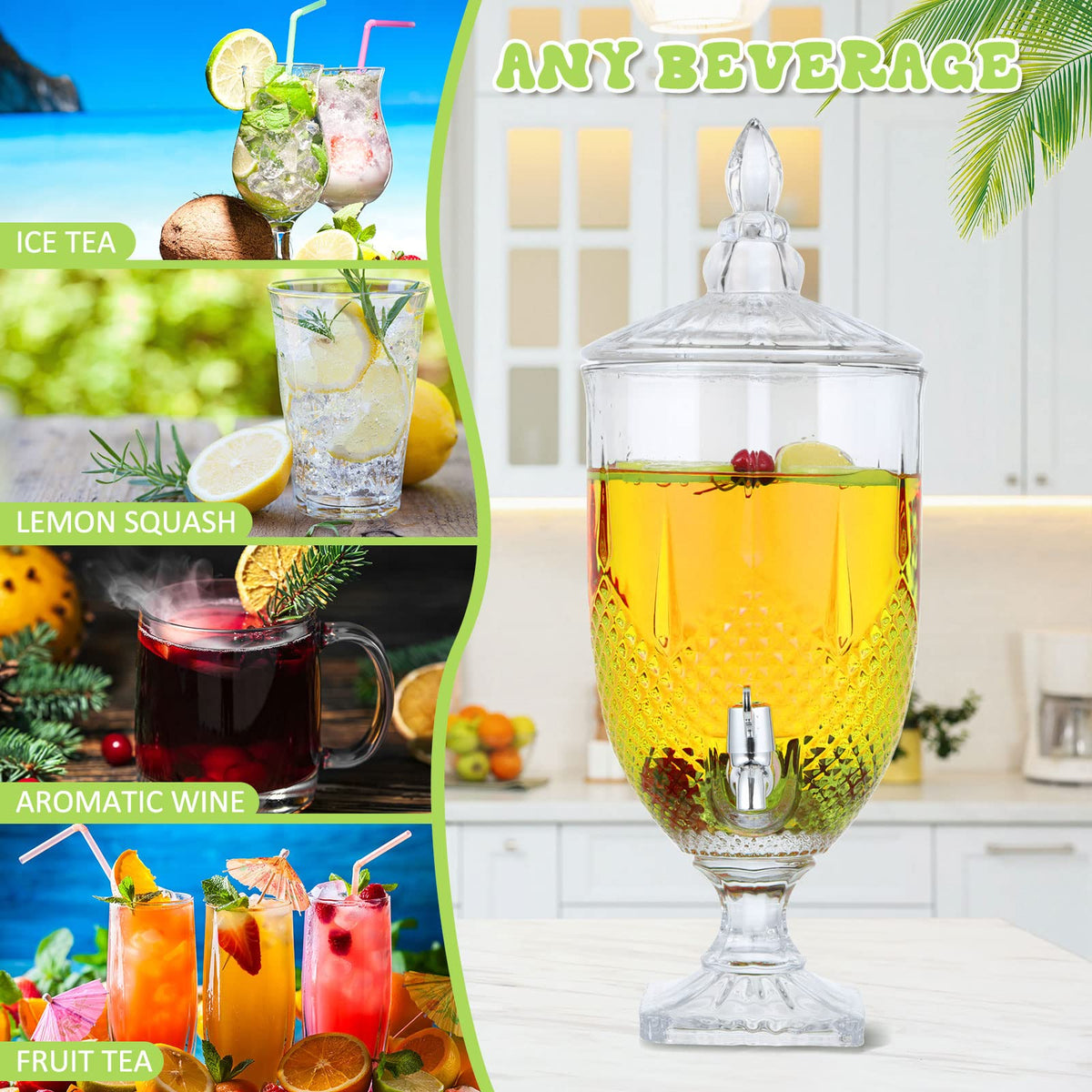 2 Pieces 1.3 Gallon Glass Drink Dispensers with Stand and Spigot T45389