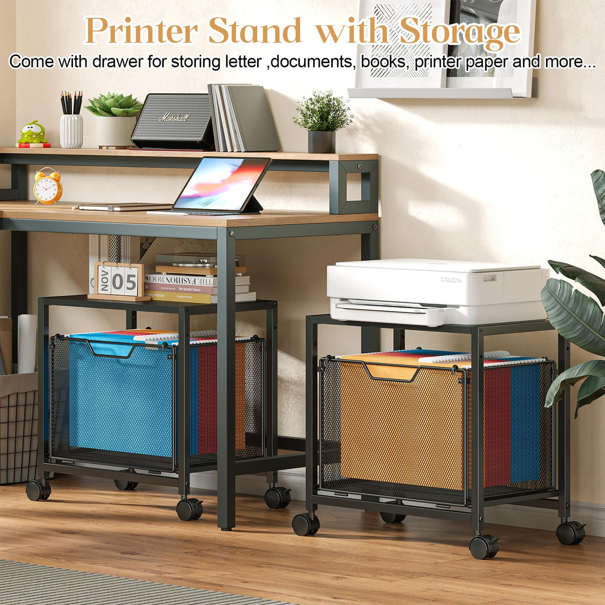 Black Rolling Printer Stand with Drawer S74474