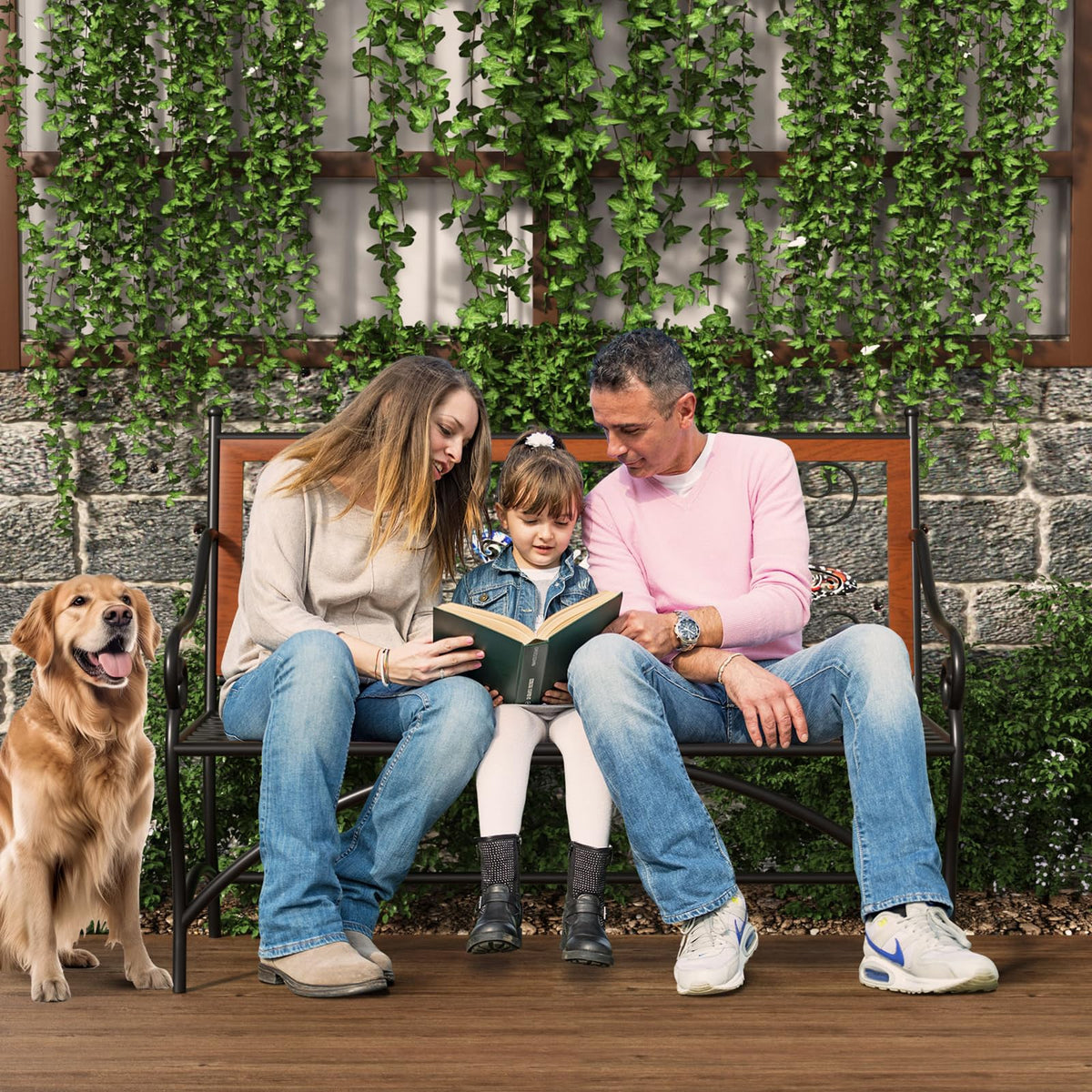 39.7" Black Metal Outdoor Bench with Armrest R66210